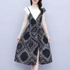 Mock Two-piece Cap-sleeve Paisley Print Dress