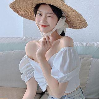 Ruched Puff-sleeve Cropped Chiffon Top White - One Size