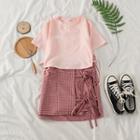 Short Sleeve Print T-shirt / Tied Check Mini Skirt