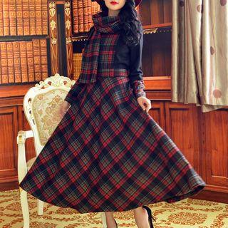 Plaid Panel Long Sleeve A-line Maxi Dress