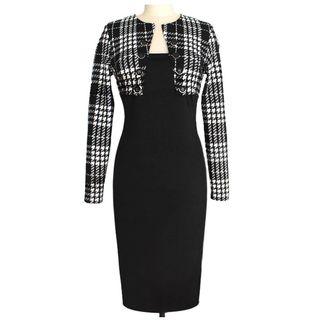 Houndstooth Panel Long Sleeve Midi Dress