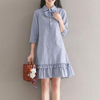 Pinstripe Bow-accent Ruffle-hem Shirtdress
