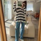 Distressed Striped Cable-knit Oversized Sweater