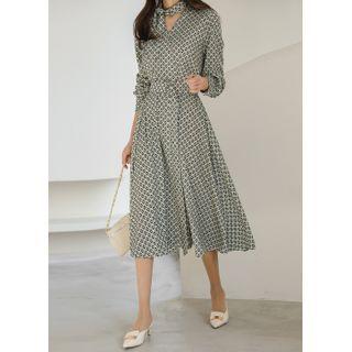 Belted Patterned Long Dress With Scarf