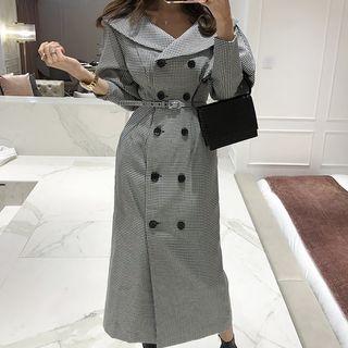 Houndstooth Double-breasted Long Trench Coat