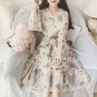 Floral Long-sleeve Chiffon Midi A-line Dress As Shown In Figure - One Size