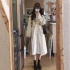 Button-up Long Trench Coat / Puff-sleeve Midi Shirt Dress