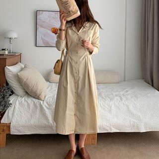 Belted Dual-pocket Long Shirtdress