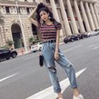 Set: Striped Short-sleeve T-shirt + Distressed Cropped Straight-fit Jeans