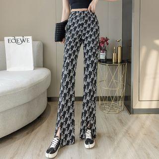 Print High-waist Slit Boot-cut Pants