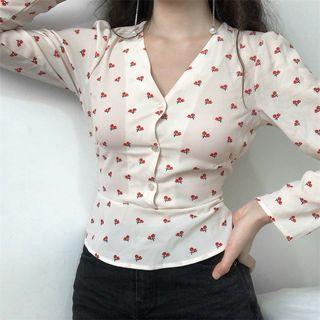 V-neck Cherry Print Blouse