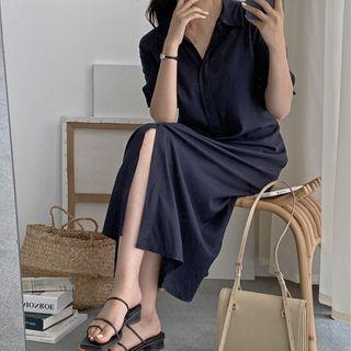 Hidden-button Tie-waist Long Shirtdress