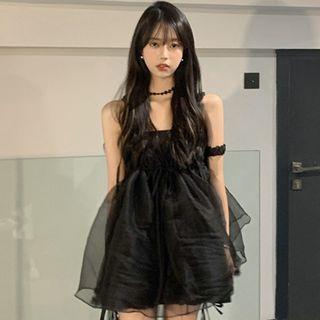 Tie-shoulder Mesh Mini A-line Dress Black - One Size
