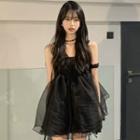 Tie-shoulder Mesh Mini A-line Dress Black - One Size