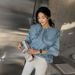 Wide-collar Frilled Denim Blouse