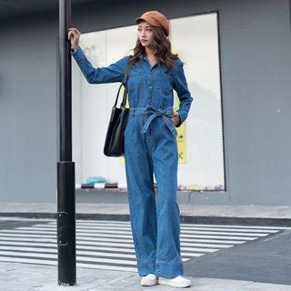 Wide Leg Long Sleeve Denim Jumpsuit