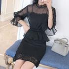 Set: Elbow-sleeve Mesh Top + Spaghetti Strap Dress