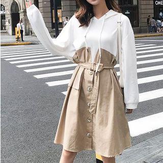 Mock Two-piece Tie-waist A-line Hoodie Dress