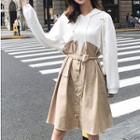 Mock Two-piece Tie-waist A-line Hoodie Dress