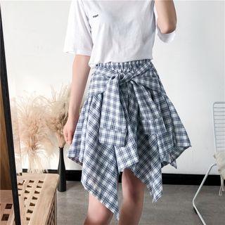 Asymmetric Hem Plaid A-line Skirt Plaid - White - One Size