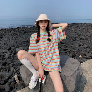 3/4-sleeve Striped Mini T-shirt Dress Stripes - Multicolor - One Size