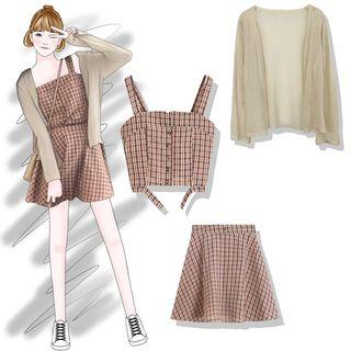 Sleeveless Plaid Buttoned Top / A-line Mini Skirt / Knit Light Jacket / Set