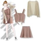Sleeveless Plaid Buttoned Top / A-line Mini Skirt / Knit Light Jacket / Set