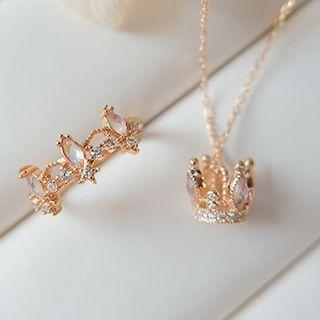 Crown Rhinestone Pendant Sterling Silver Choker / Open Ring