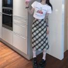 Short-sleeve Lettering Cropped T-shirt / Plaid A-line Skirt / Belt