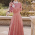 Long-sleeve Lace Trim Velvet Maxi Dress