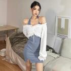 Set: Halter-neck Mini Sheath Dress + Off-shoulder Ruffle Crop Top