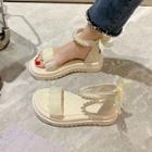 Faux Pearl Strap Shirred Platform Sandals