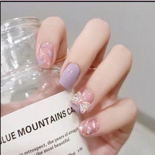 Bow Heart Faux Nail Tips X40 - Pink & Purple - One Size