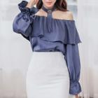 Off-shoulder Long-sleeve Top / High Waist Pencil Skirt / High Waist Boot-cut Pants