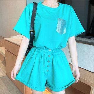 Set: Short-sleeve Rhinestone T-shirt + High Waist Shorts