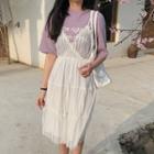 Elbow Sleeve Lettering T-shirt / Spaghetti Strap V-neck Lace Dress