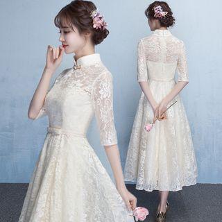 Elbow-sleeve Lace Midi Prom Dress / A-line Evening Gown