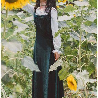 Set: Plain Blouse + Corduroy Midi Jumper Dress