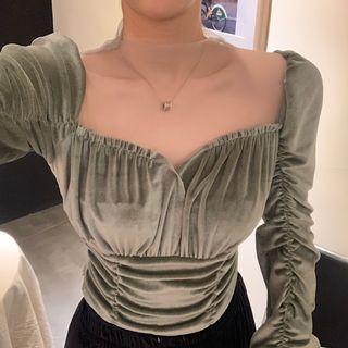 Puff-sleeve Ruffled Velvet Top