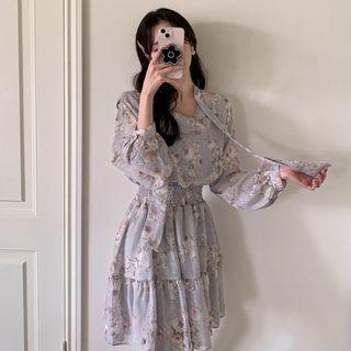 Tie-neck Shirred Floral Dress
