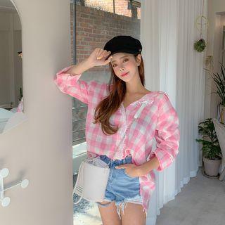Lace-trim Button-back Gingham Shirt