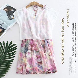 Set: Short-sleeve Top + Print Tank Dress Top - White - One Size / Dress - Floral - Purple - One Size