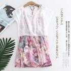 Set: Short-sleeve Top + Print Tank Dress Top - White - One Size / Dress - Floral - Purple - One Size