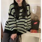 Round-neck Striped Oversize Sweater Green - One Size