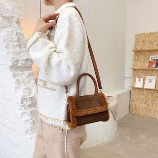 Faux Leather Fleece Trim Crossbody Bag