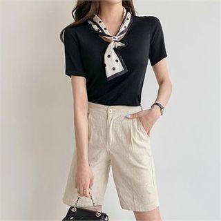 Set: Polka-dot Scarf Top + Band-waist Shorts Top - Black - One Size / Bottom - Beige - One Size