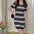 Short-sleeve Striped Knit Mini Sheath Dress Black & White & Gray - One Size