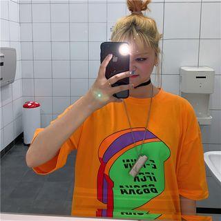 Printed Elbow-sleeve T-shirt Orange - One Size