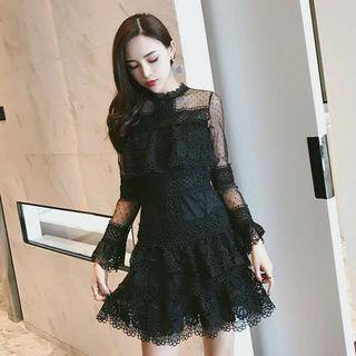 Long Sleeve Lace Trim Sheer Mesh Panel A-line Dress