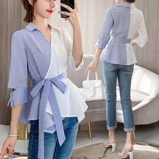 3/4-sleeve Striped Panel Wrap Blouse